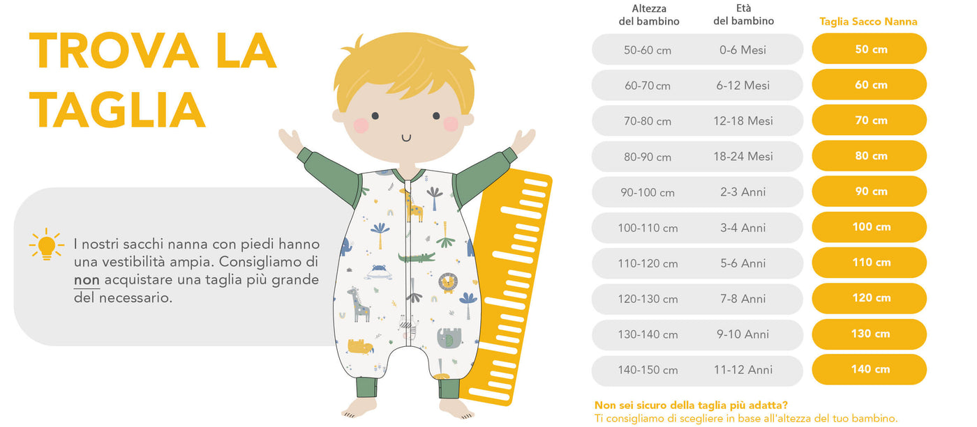 Calcolatore di taglia per sacchi nanna con piedi