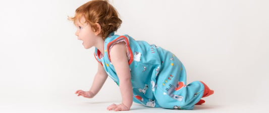 Un bambino che gattona indossando un sacco nanna azzurro con motivi di animali colorati, pronto a esplorare l'ambiente circostante.