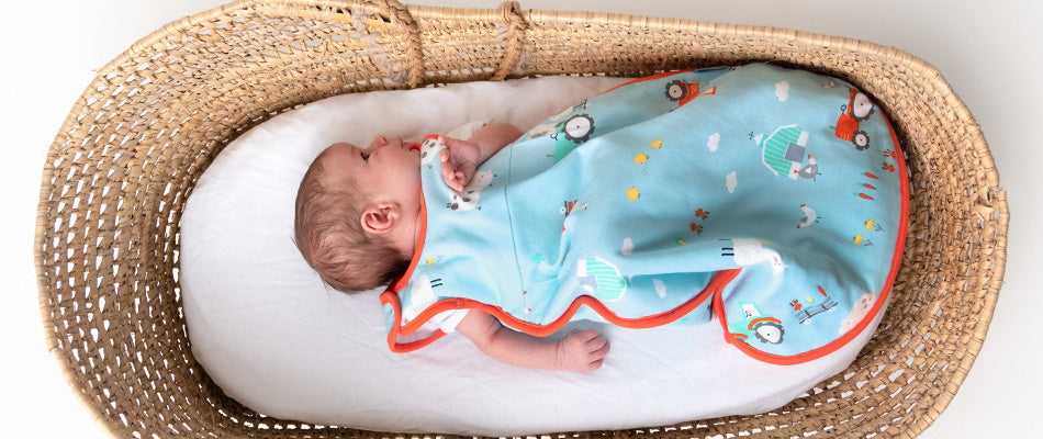 Un neonato dorme tranquillamente in una culla di vimini, avvolto in una coperta azzurra con disegni colorati, creando un'atmosfera di serenità e calore.