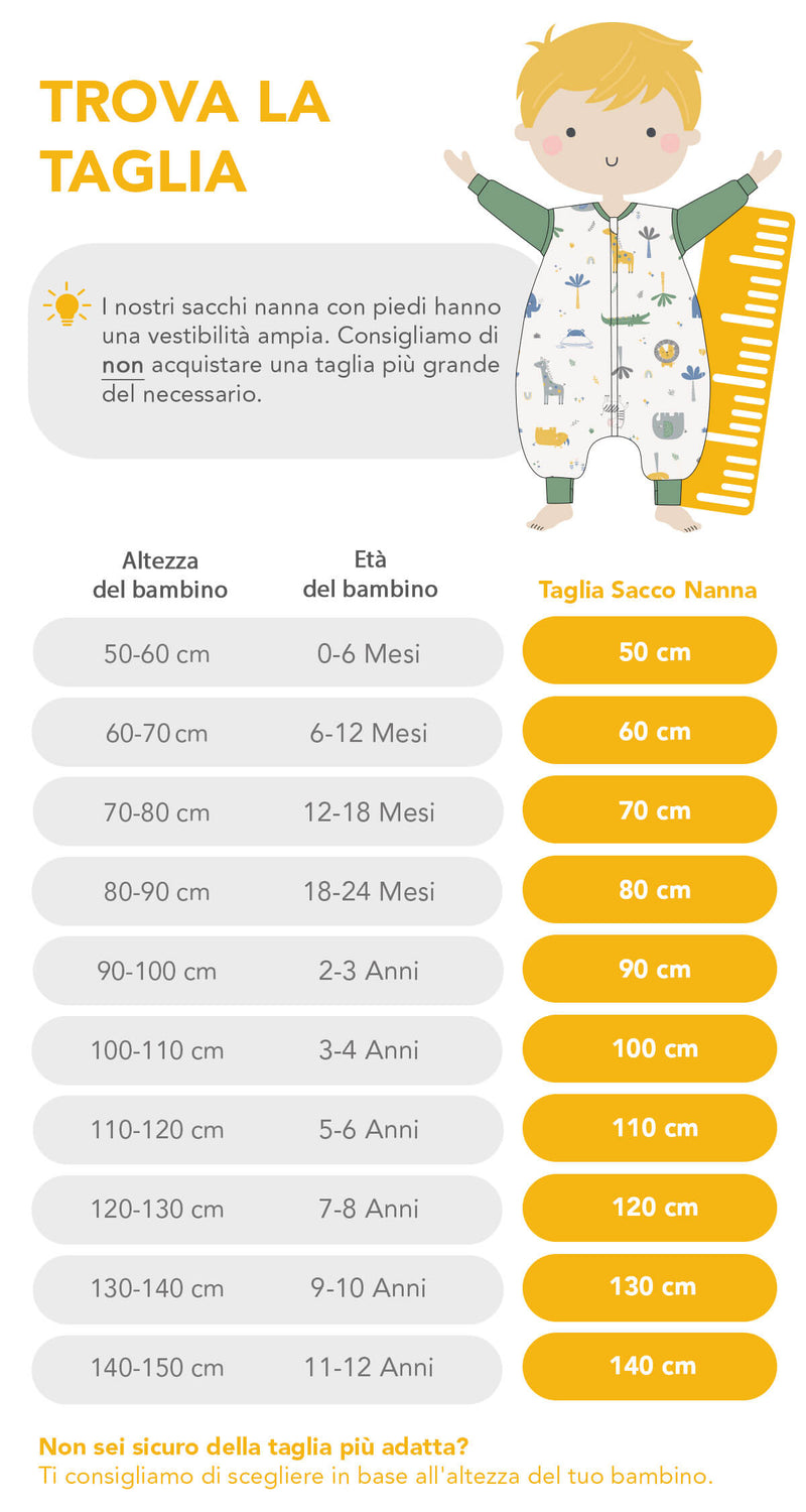 Calcolatore di taglia per sacchi nanna con piedi